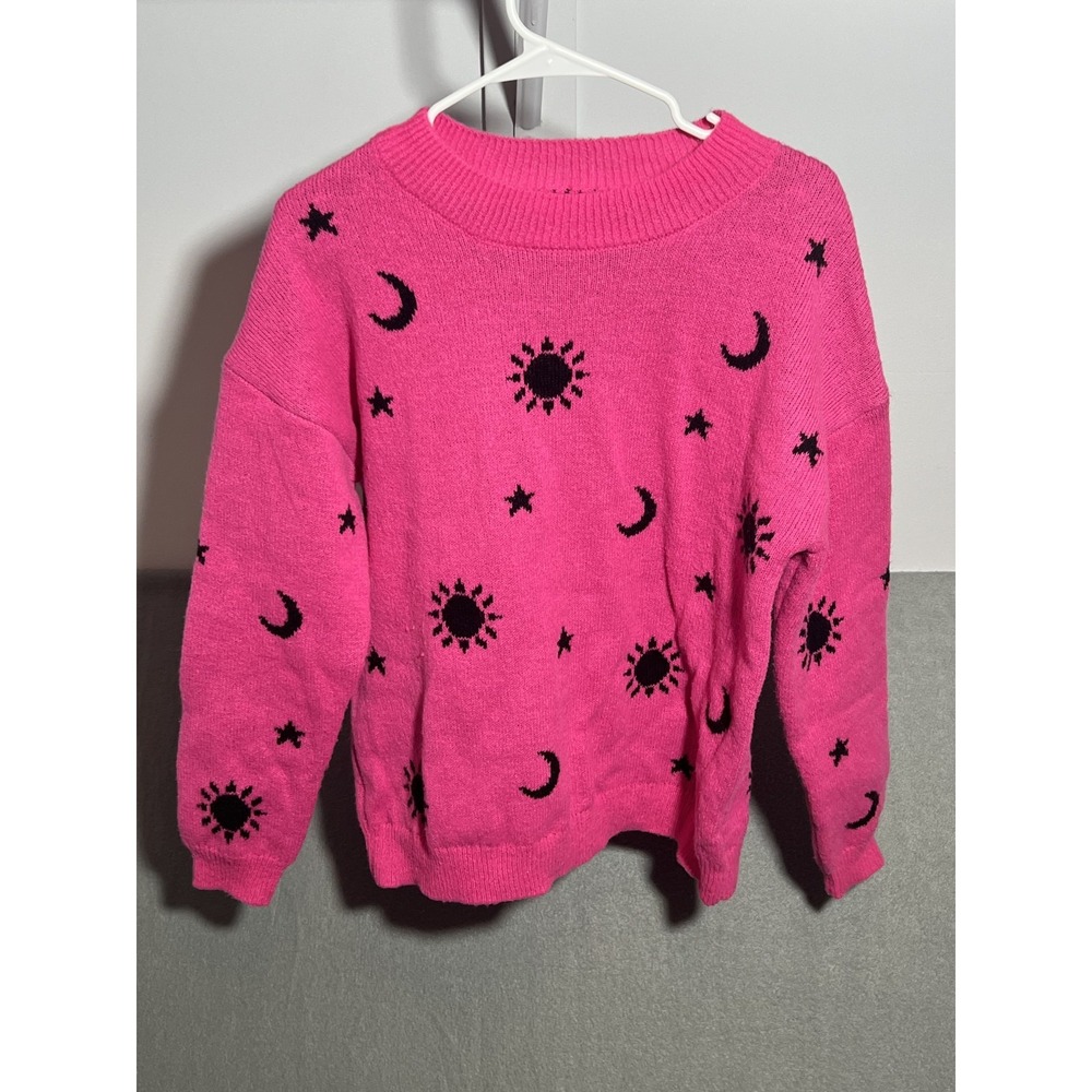 No Boundaries Women's Pink Celestial Sun Moon Star Knit Pullover Sweater Size M‎